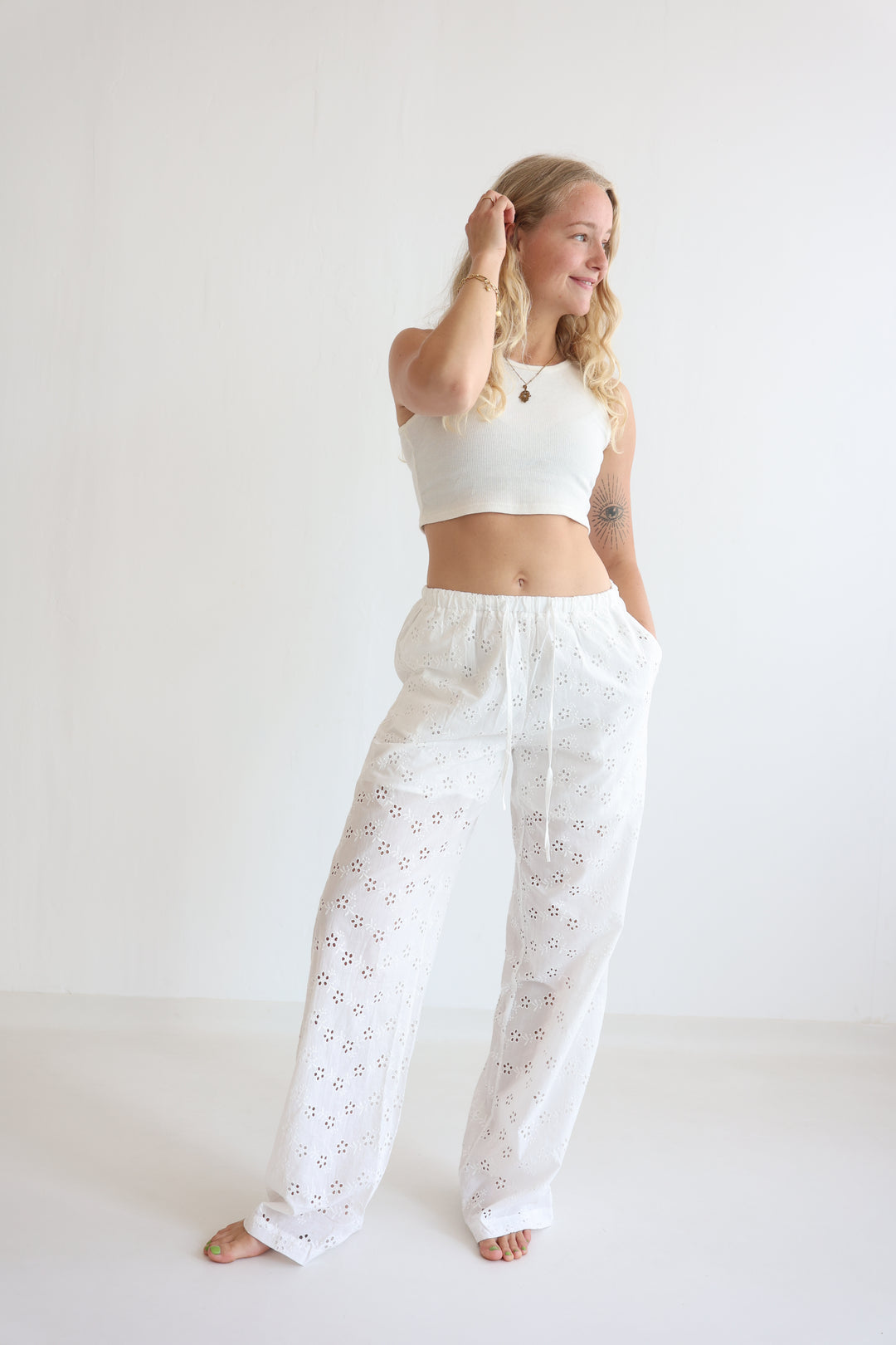White Boho Embroidered Pants