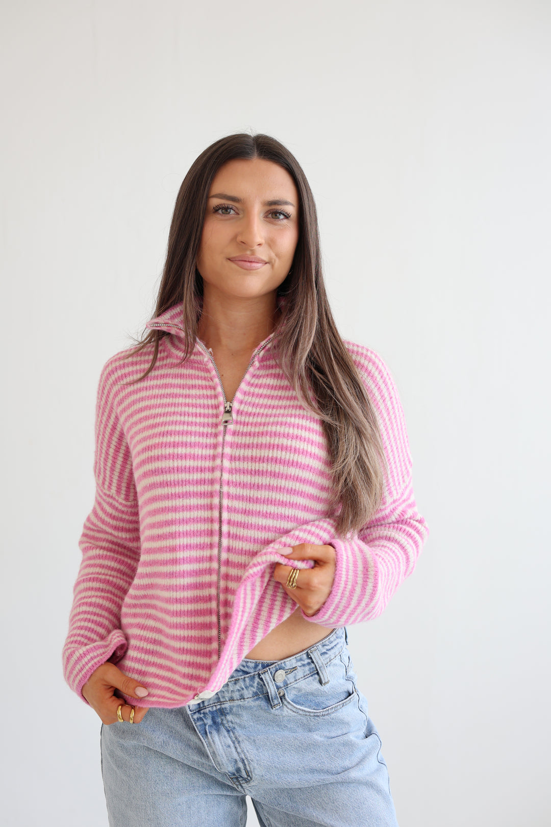 Zip Cardigan Fine Stripes