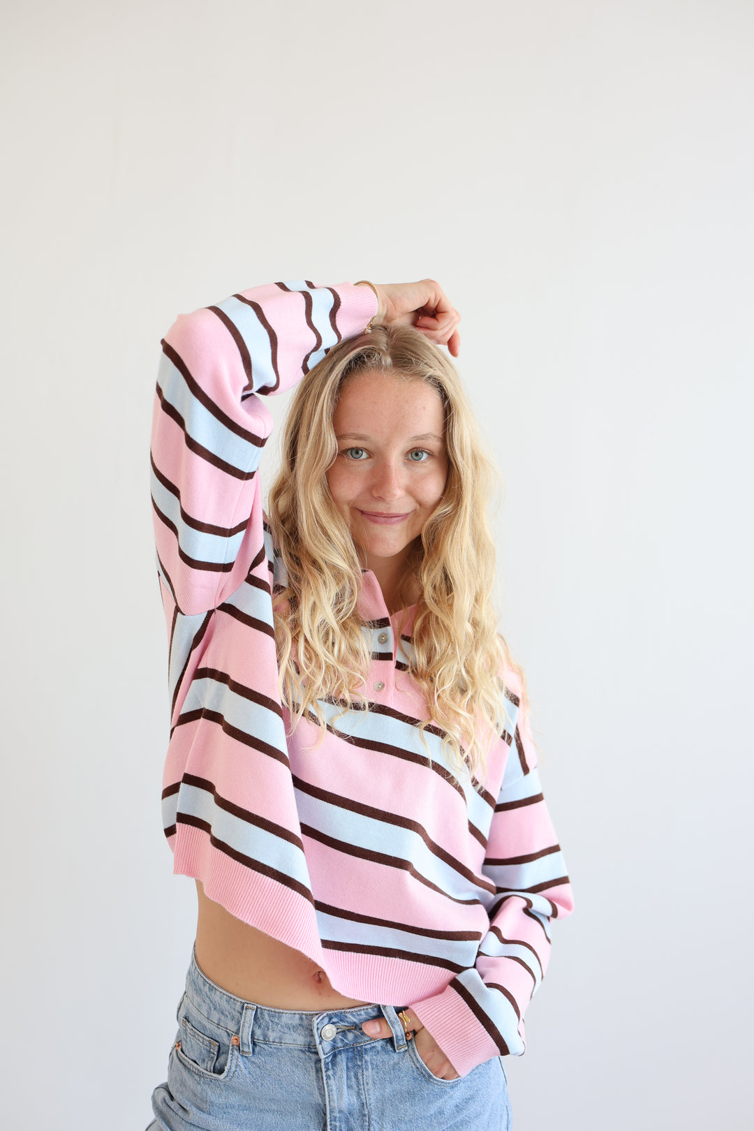 Soft Pink Striped Long Polo