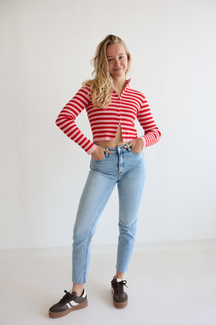 Ripped Stripe Zip-Up Cardigan