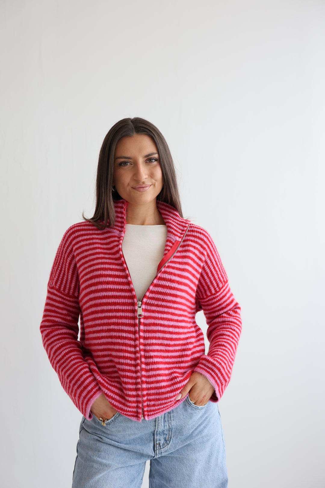 Zip Cardigan Fine Stripes
