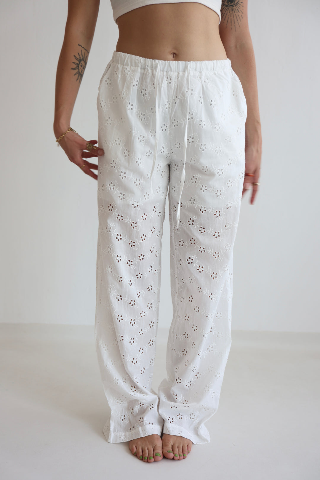 White Boho Embroidered Pants