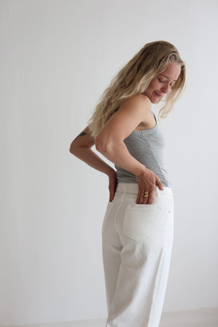 White Barrel Waistband Jeans