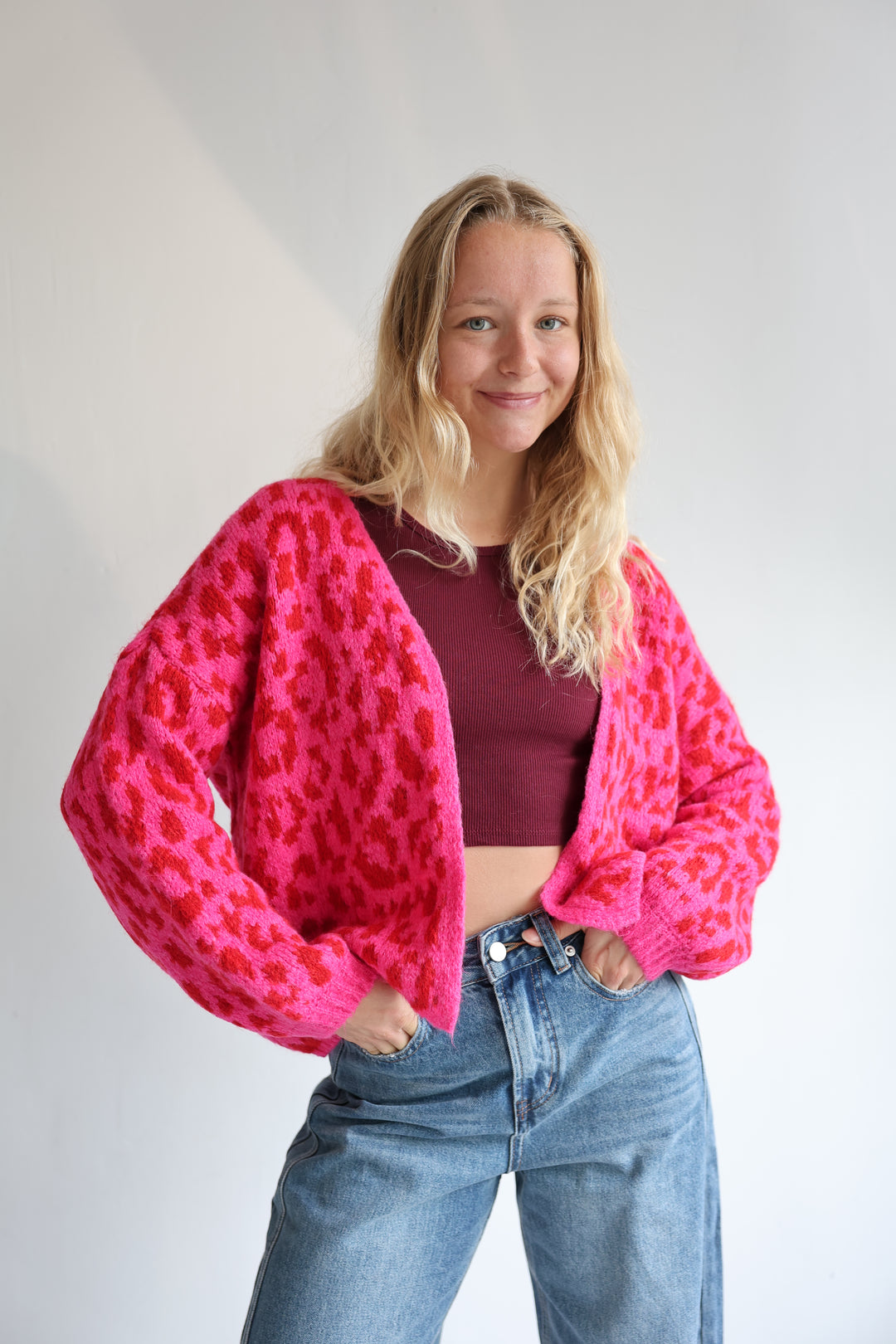 Offener Cardigan mit Leoprint