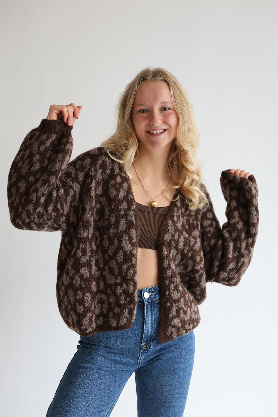 Offener Cardigan mit Leoprint