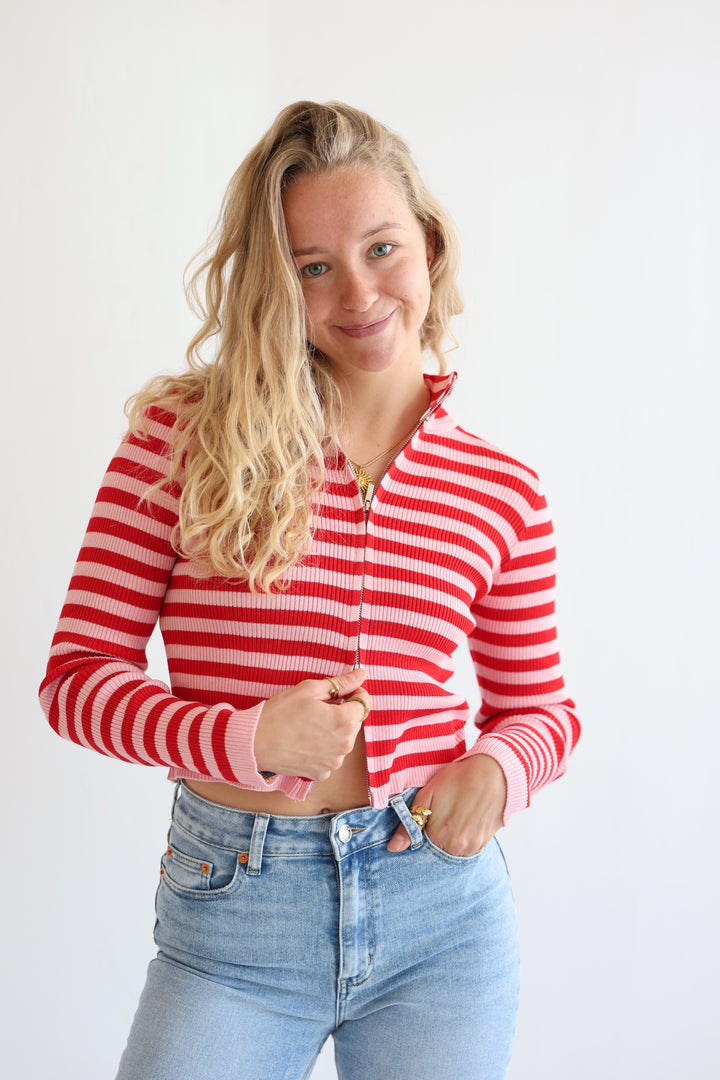 Ripped Stripe Zip-Up Cardigan