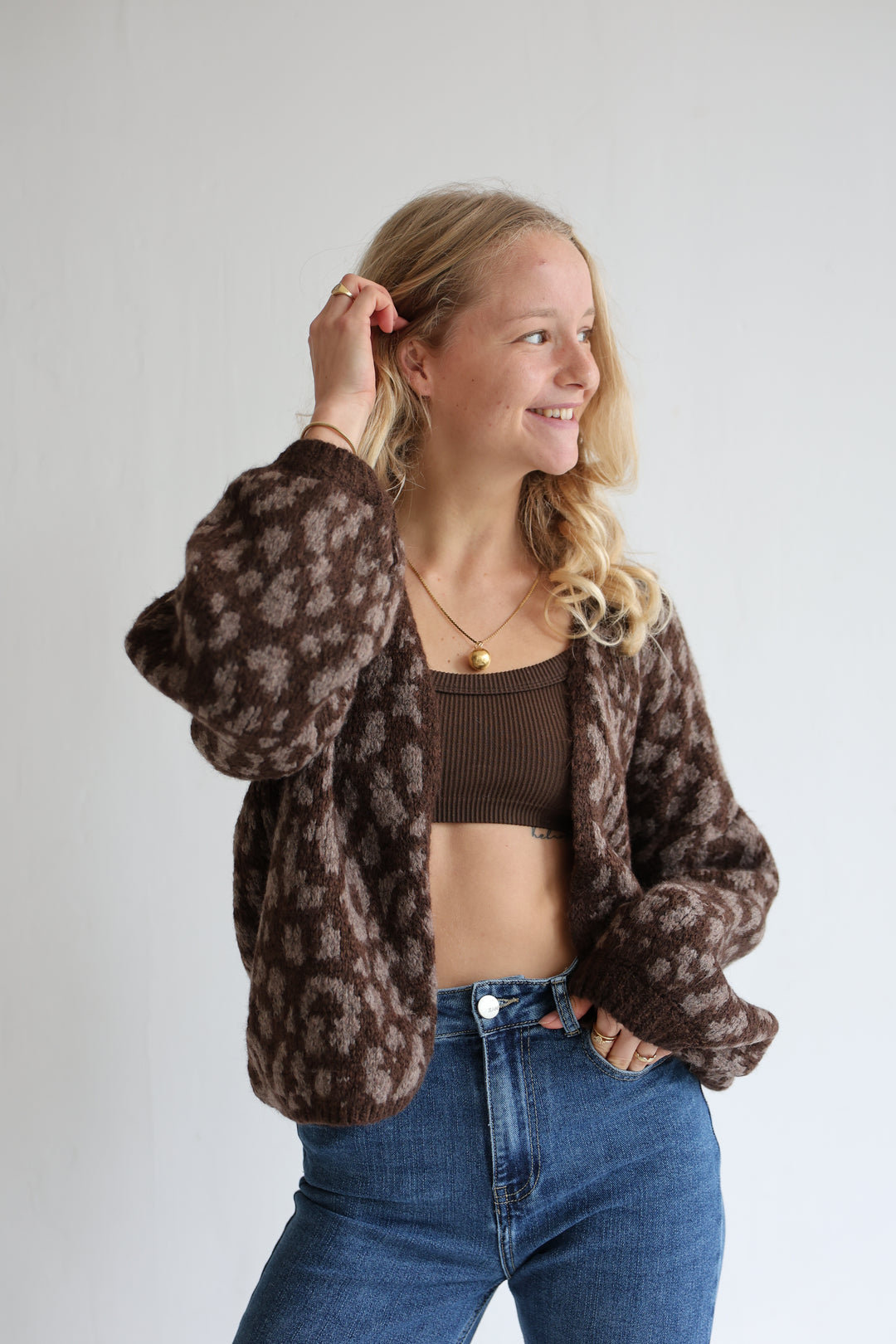 Offener Cardigan mit Leoprint