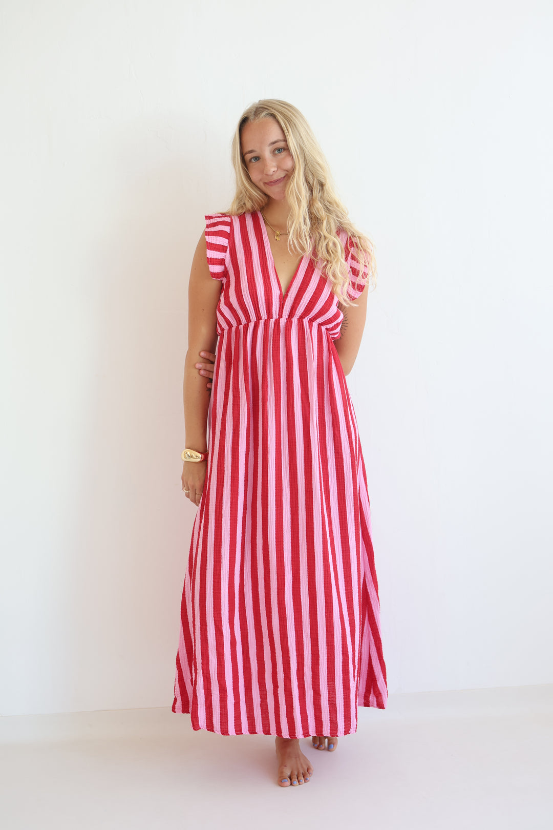 Langes Musselinkleid Blockstripes