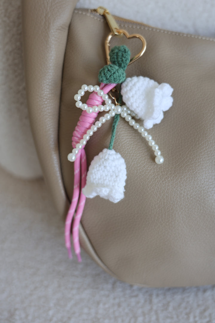 Bag Charm White Crochet Flower