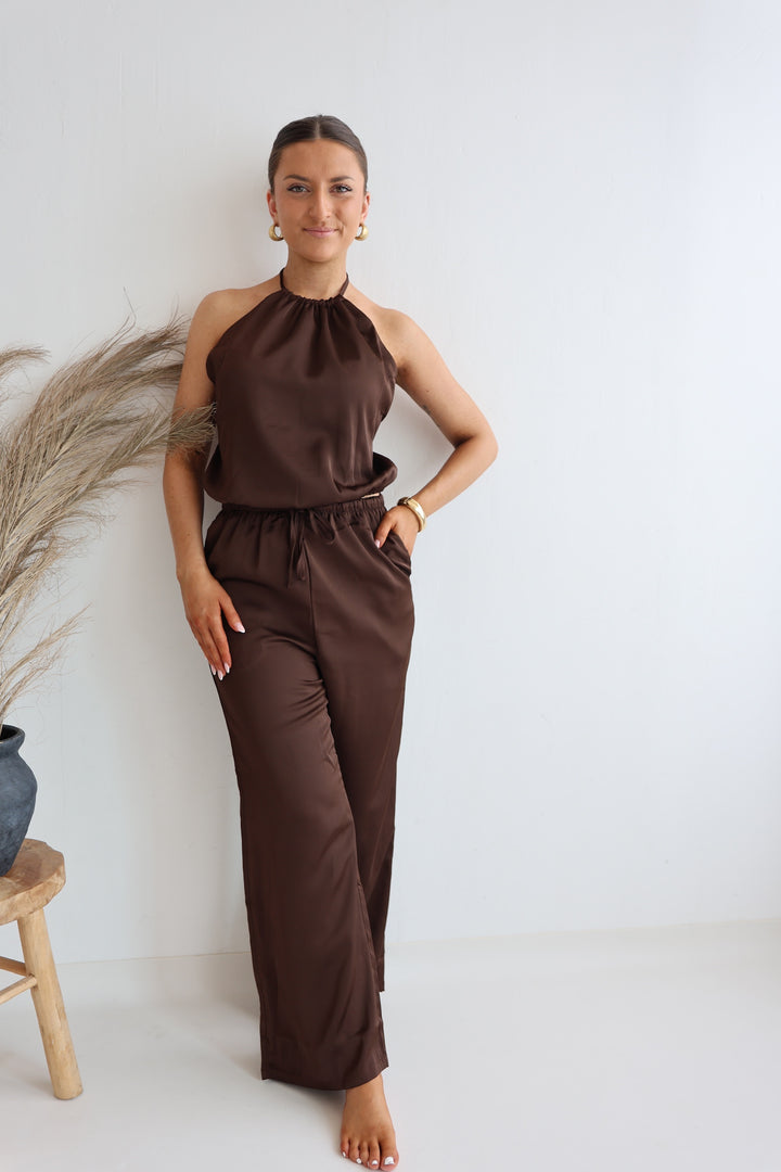 Rückenfreies Top in Satinoptik Coffee