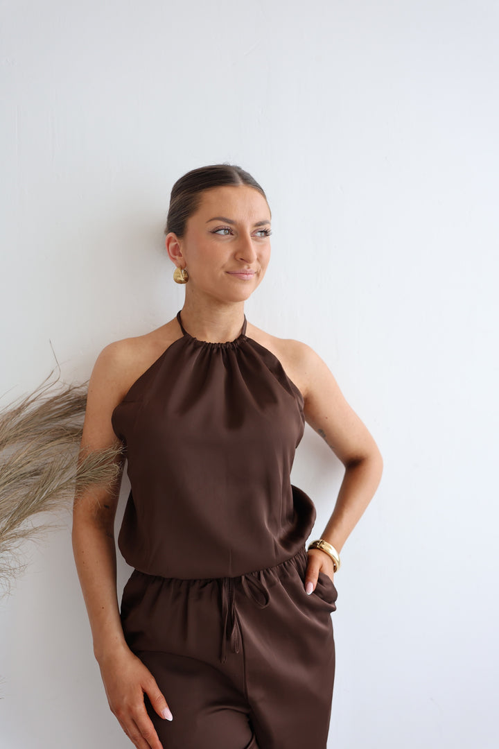 Rückenfreies Top in Satinoptik Coffee