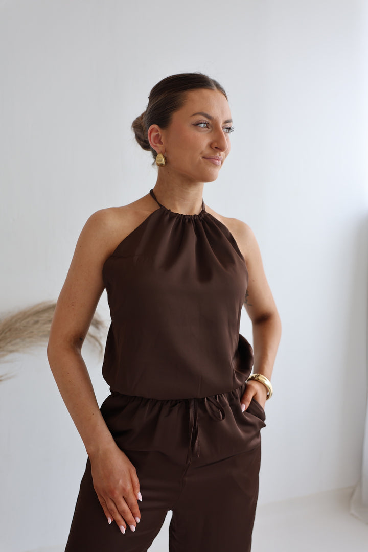 Rückenfreies Top in Satinoptik Coffee