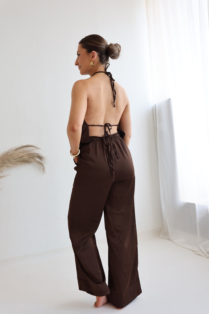 Lockere Hose in Satinoptik Coffee