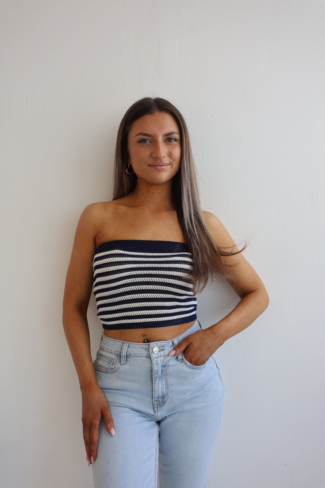 Bandeautop in Häkeloptik Marine