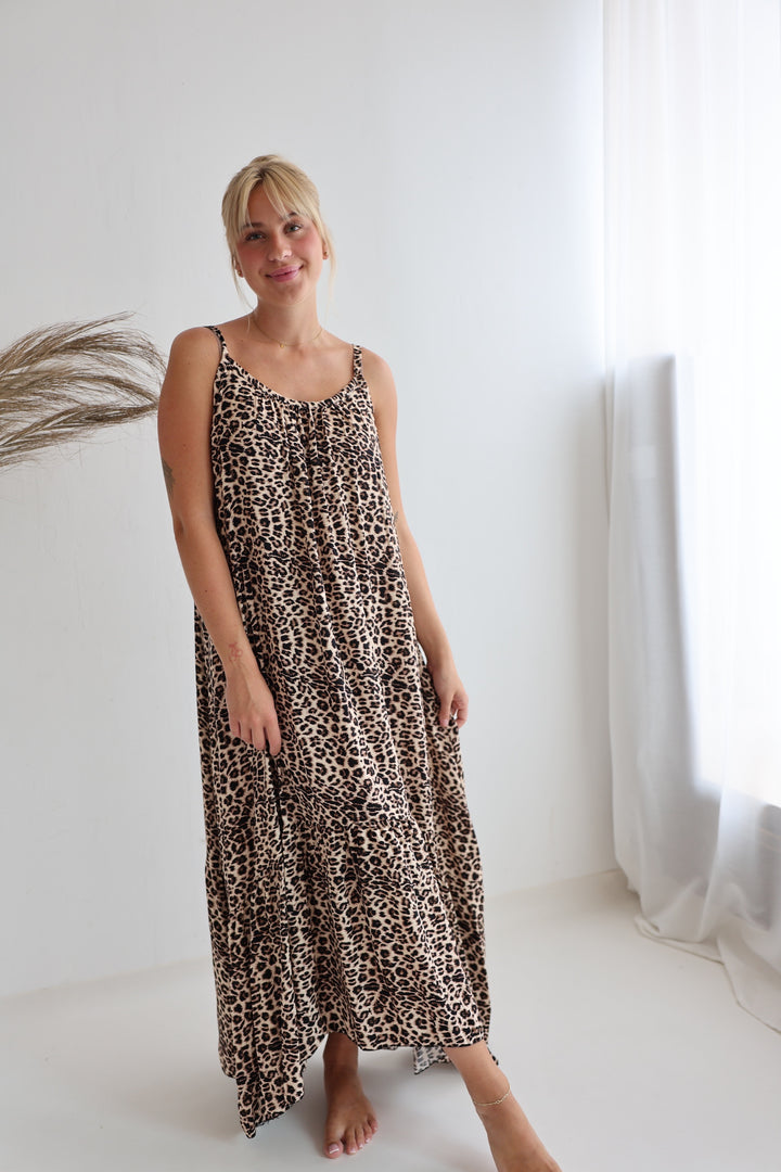 Langes Kleid mit Leoprint und Spaghettiträgern Mary
